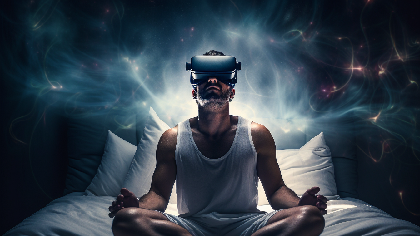 a fit man wearing vr headset in bed enjoying vr sex toy - fleshlight