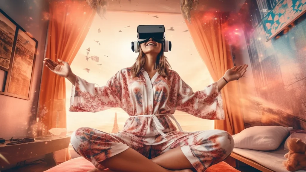 blonde girl in silk robe wearing vr headset in bed enjoying vr sex toys