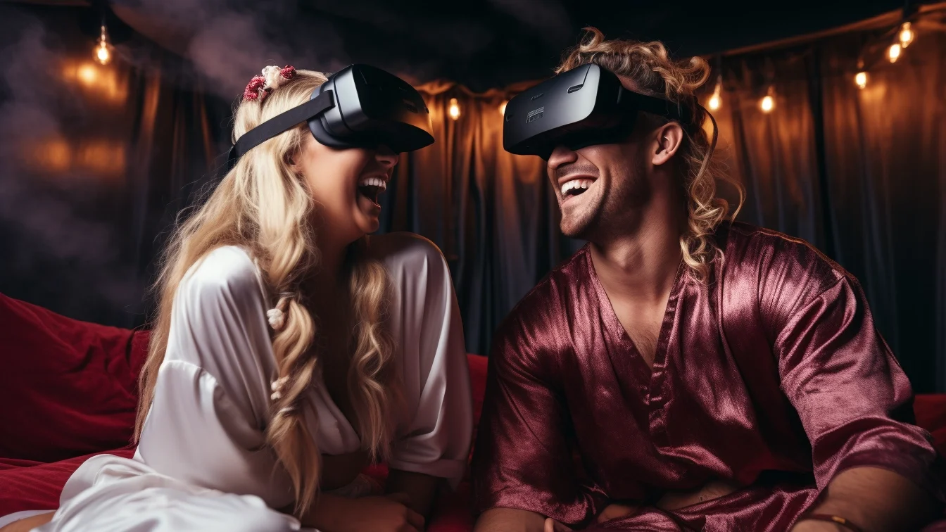 gorgeous couple in bed wearing vr headsets enjoying vr fleshlights